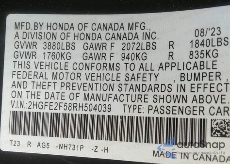 2024 Honda Civic Sport from USA, damaged, VIN 2HGFE2F58RH504039